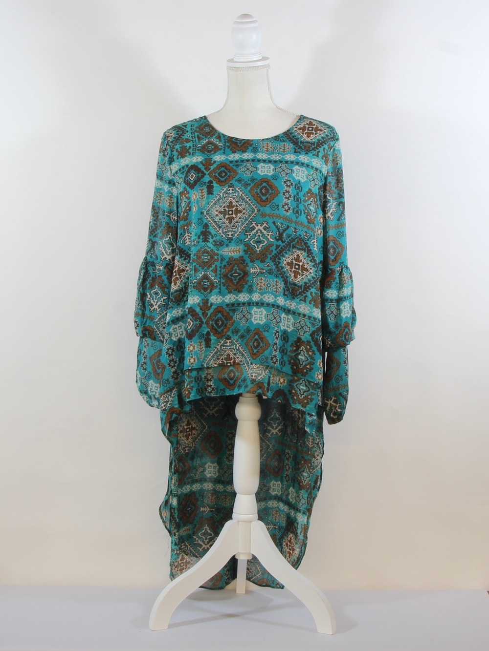 Cato Teal with Brown Accents Aztec-Print Boho Blouse NWT